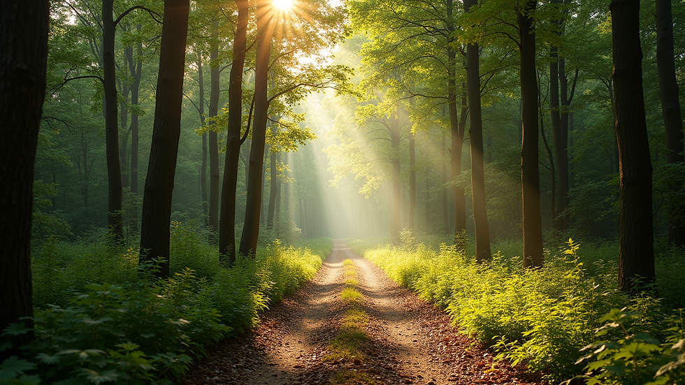 Wide angle view of sunlit forest path surrounded by greenery