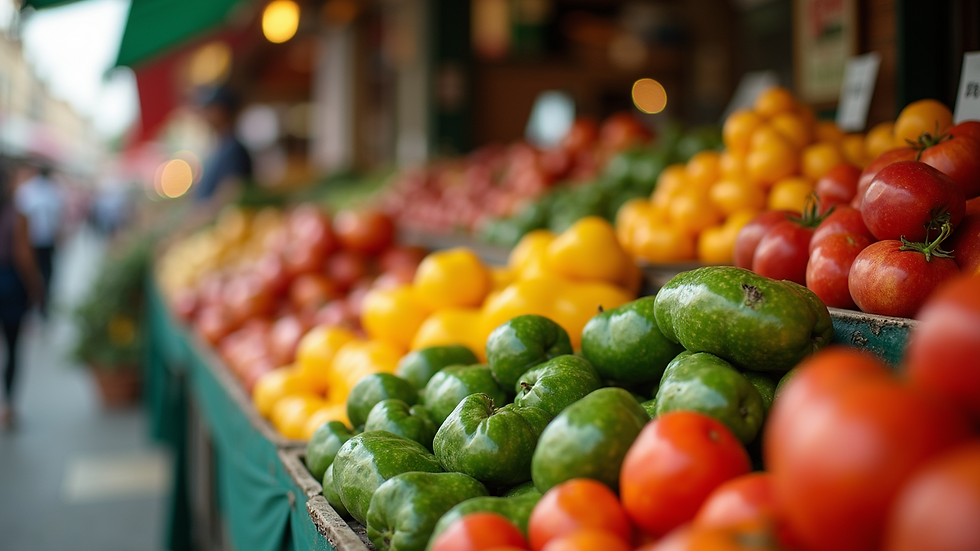 Eye-level view of a vibrant fruit and vegetable market