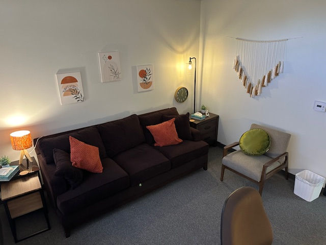 High angle view of a calm waiting room with plants and soft natural light