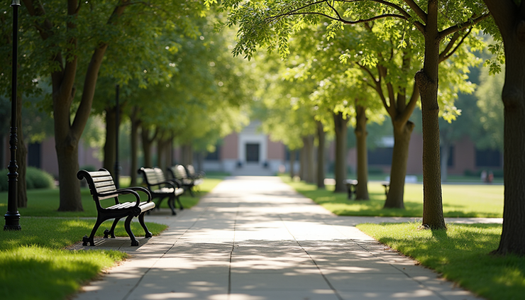 Eye-level view of a quiet college campus pathway lined with trees in summer