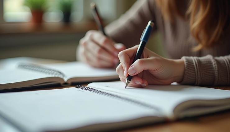 Close-up view of a woman writing notes in a planner, symbolizing emotional labor management