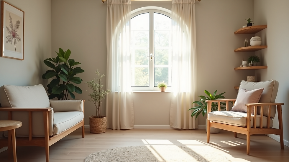 Wide angle view of a calm therapy room with comfortable seating