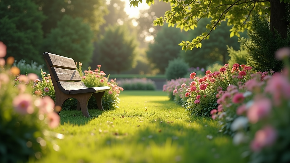 Eye-level view of a peaceful garden setting with a bench and flowers
