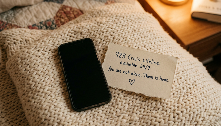 Overhead view of a phone on a blanket showing a crisis support number written on paper nearby