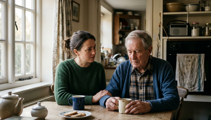 Eye-level view of an adult child sitting with an older parent at a kitchen table.