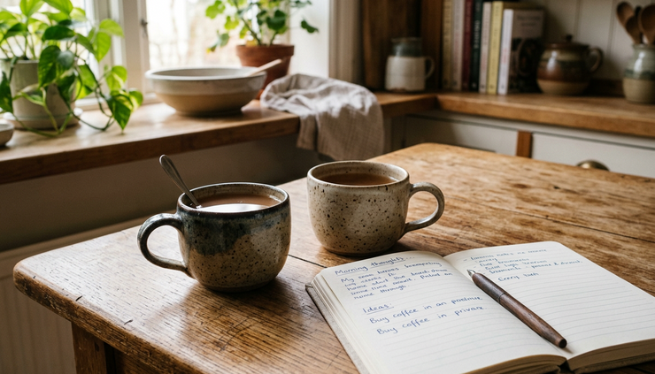 Close-up of two mugs on a kitchen table beside an untouched notebook.