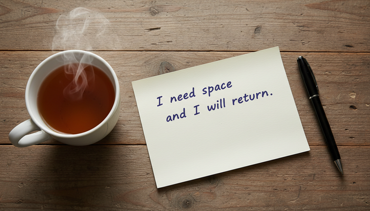 Overhead view of a handwritten note that says I need space and I will return