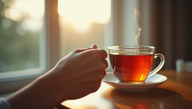 Close-up of a hand holding a cup of tea near a window with soft natural light