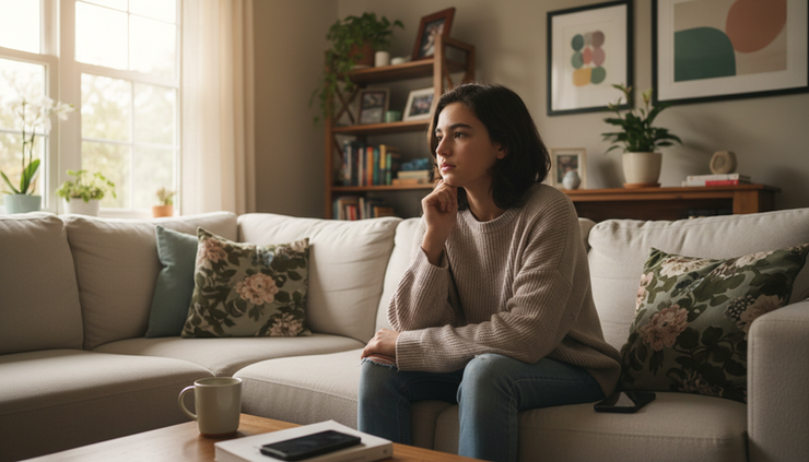 Eye-level view of a teen sitting on a living room couch while a phone rests face down nearby