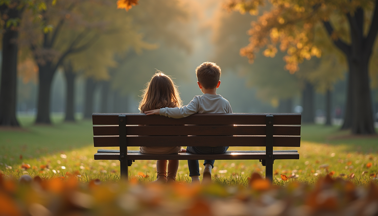 Eye-level view of two siblings sitting on a park bench sharing a quiet moment