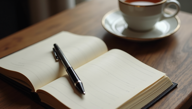 Close-up of a journal with a pen and a cup of tea on a cozy table