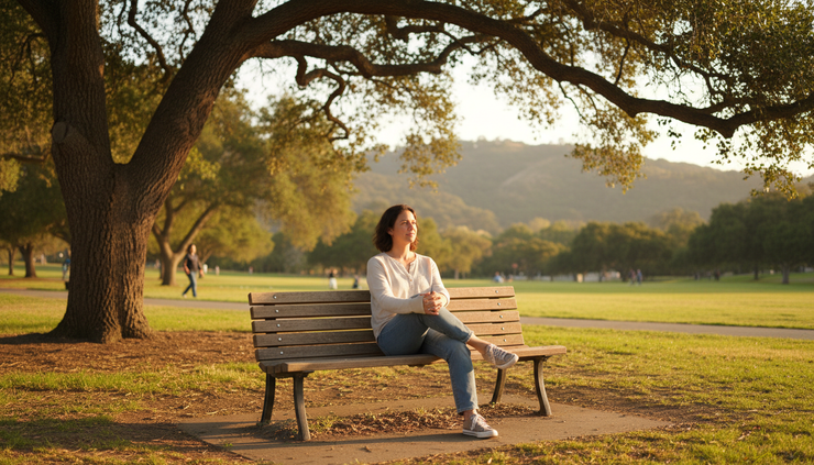 Eye-level view of a person sitting alone on a park bench under oak trees.
