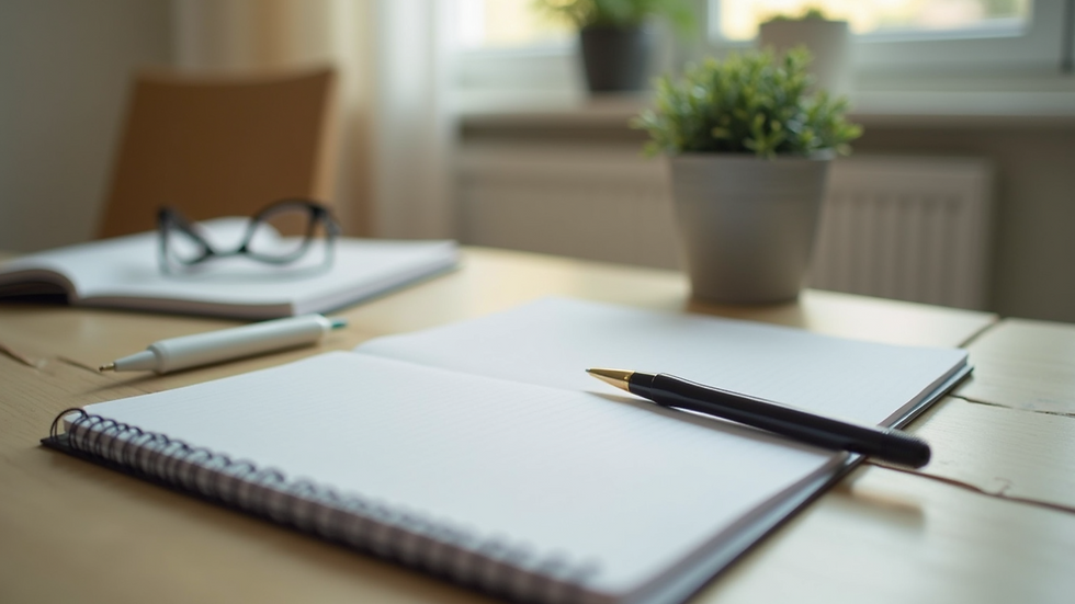 Close-up view of a therapist’s desk with a notebook, pen, and calming decor