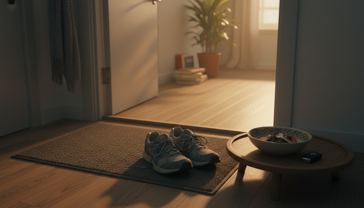 Wide-angle view of running shoes waiting by an apartment door in the evening