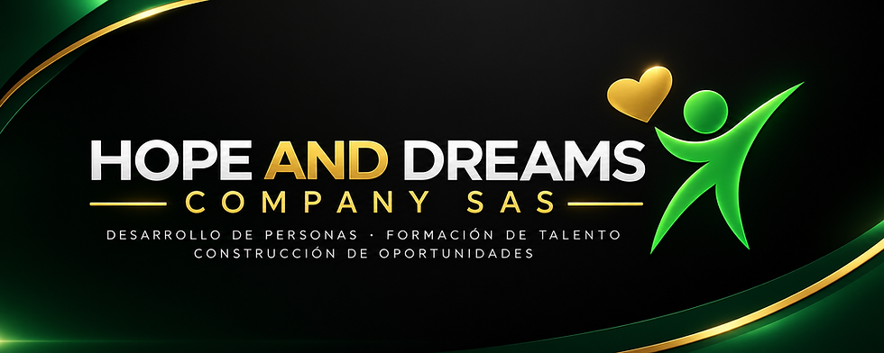 Logotipo Hope and Dreams Company SAS en fondo negro con detalles verdes y dorados