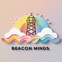 A logo for 'Beacon Minds', featuring a pastel sunrise palette of soft oranges, yellows, an