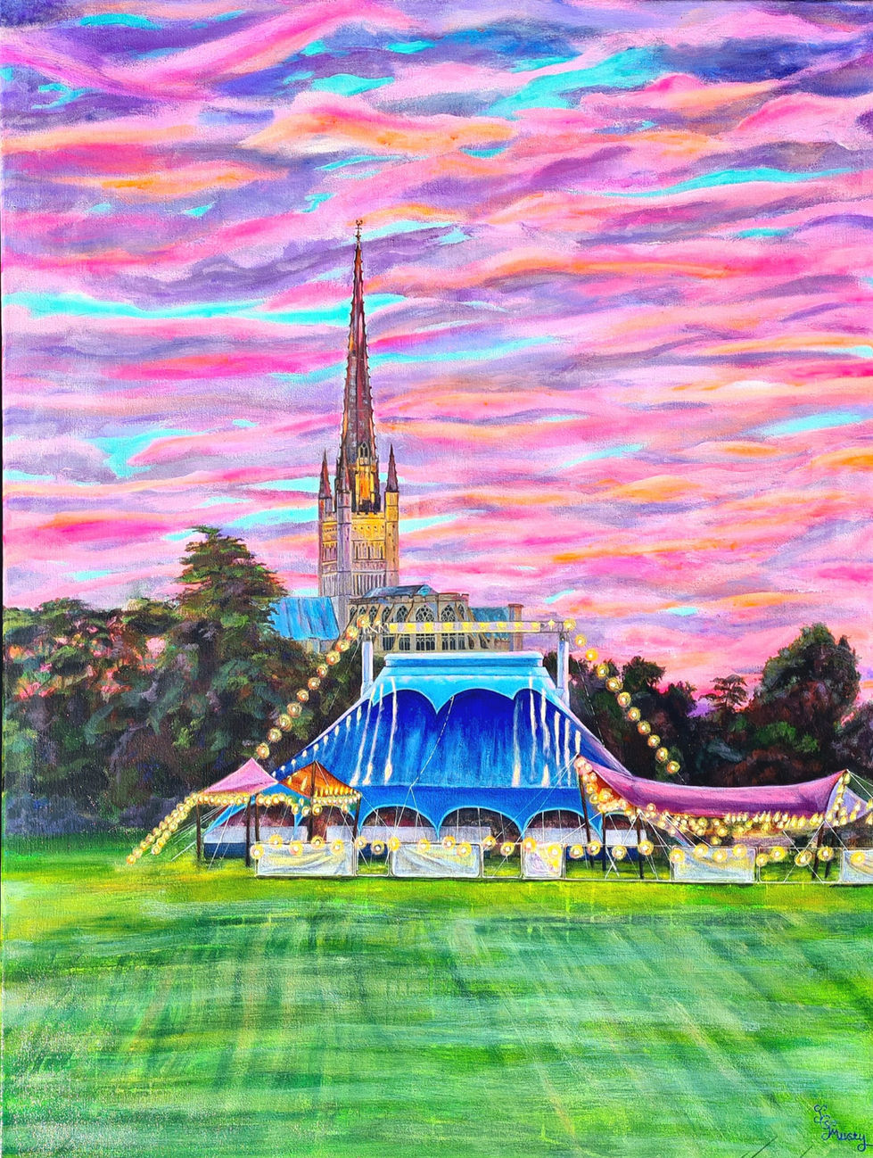 Title: Sunset Enamelled Sanctuaries 
Artist: Jenny Musty 
Medium: Acrylic paint on stretched canvas 
Size: 40” x 30”
