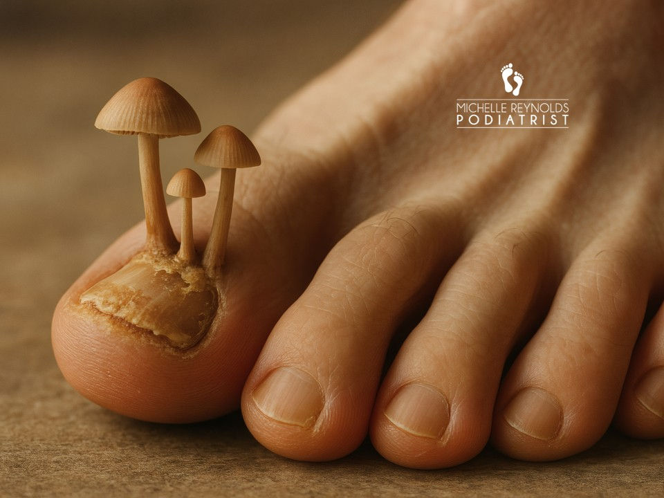 Close-up of a foot with mushrooms growing on a big toenail. Text reads "Michelle Reynolds Podiatrist". Brown background.
