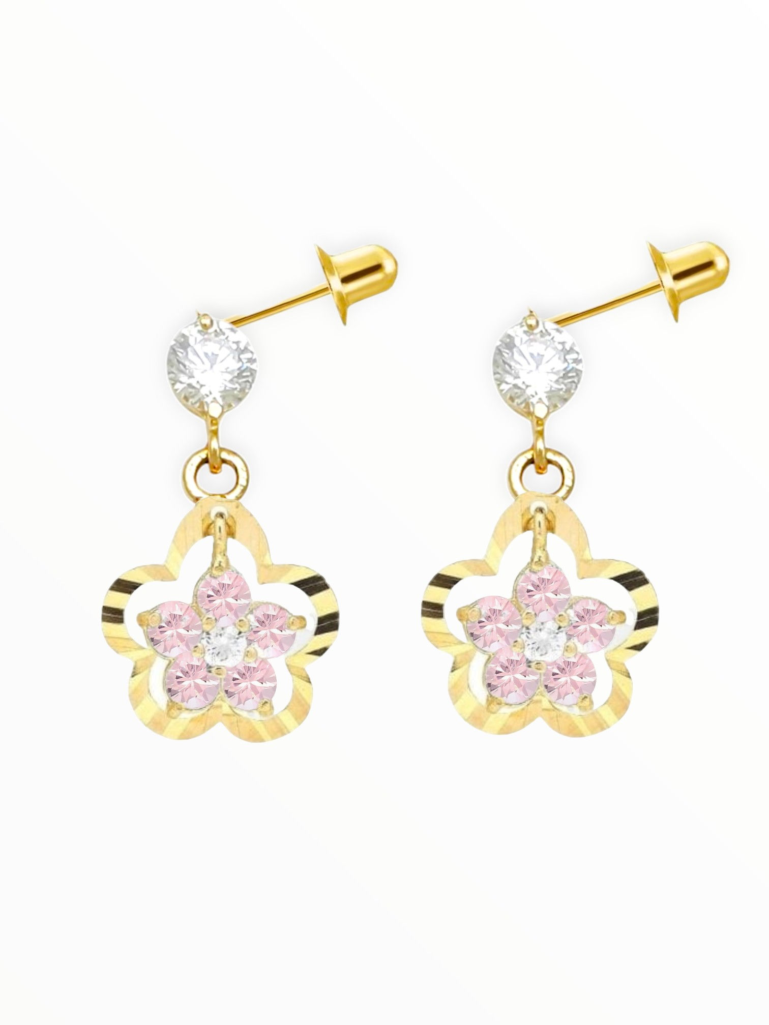 Soft Pink Flower Framed Dangle Earrings with Zirconia Stones