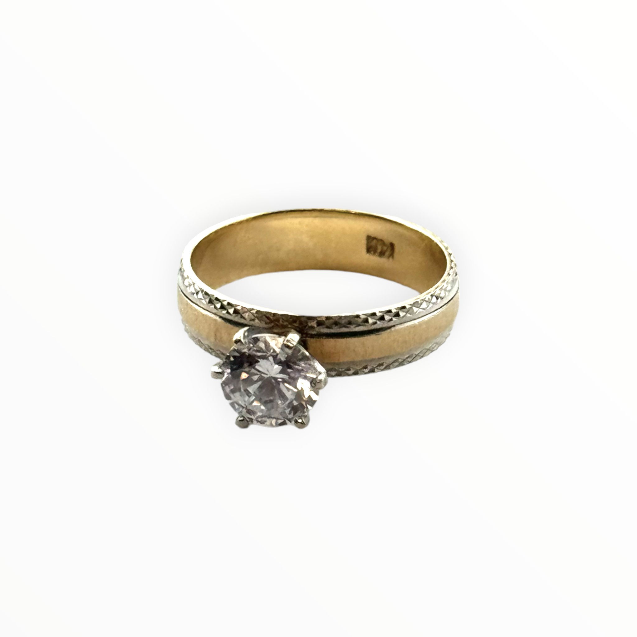 White and Yellow Gold Patterned Two Tone With Withe Stone Ring