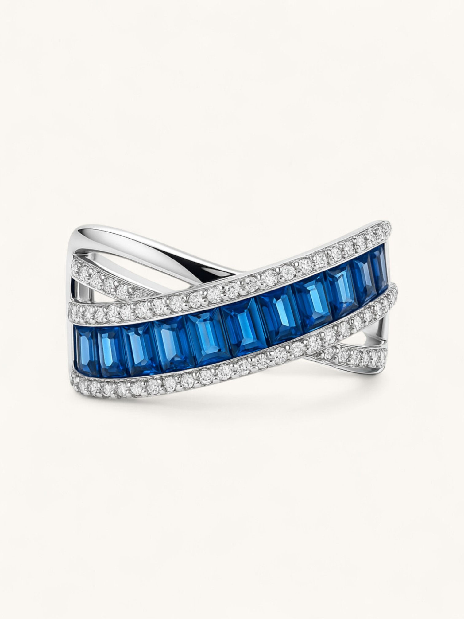 Blue & White CZ Crossover Band Ring in 925 Sterling Silver