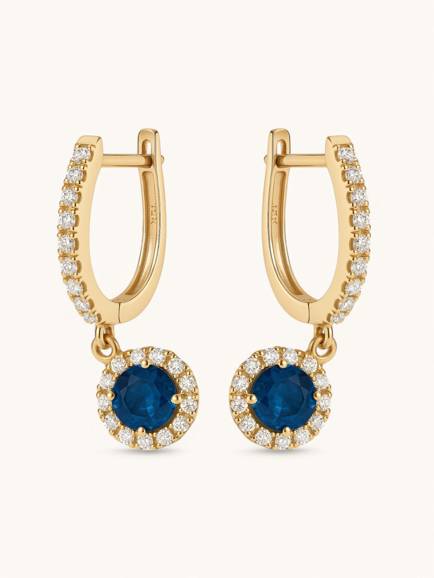 Blue Round Stone Dangle Huggie Earrings 14k Gold