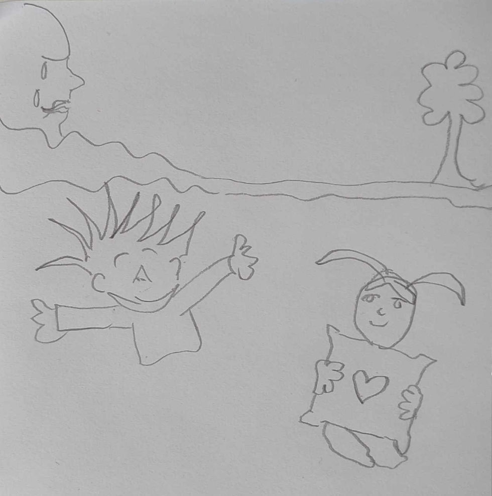 A drawing who a woman crying, a happy child and a kid inlove