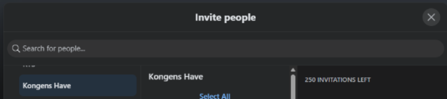 Invite interface showing a search bar and "Kongens Have" selected. "250 INVITATIONS LEFT" is visible on the right. Dark background.