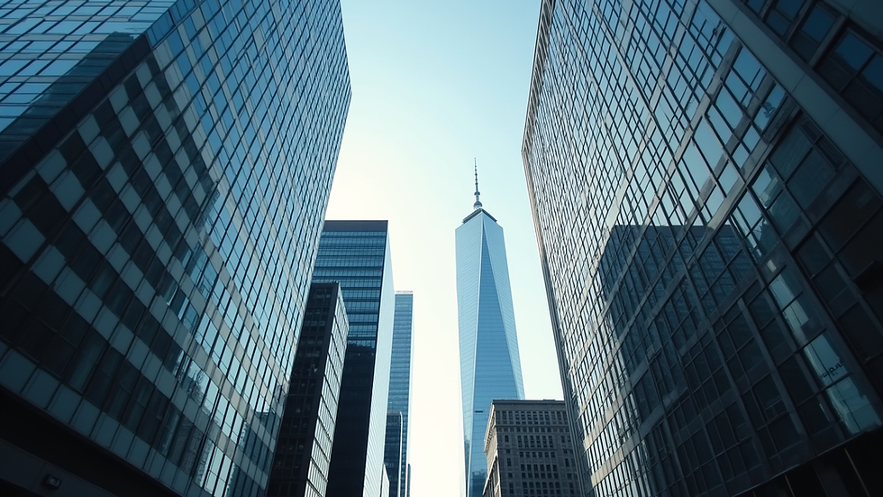 Eye-level view of a modern city skyline with skyscrapers
