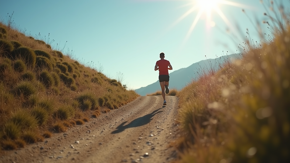 Vista laterale di un runner che corre su un sentiero sterrato lungo una collina
