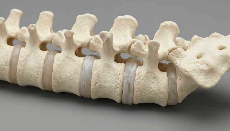 Primo piano di un modello anatomico lombare con una vertebra leggermente spostata.