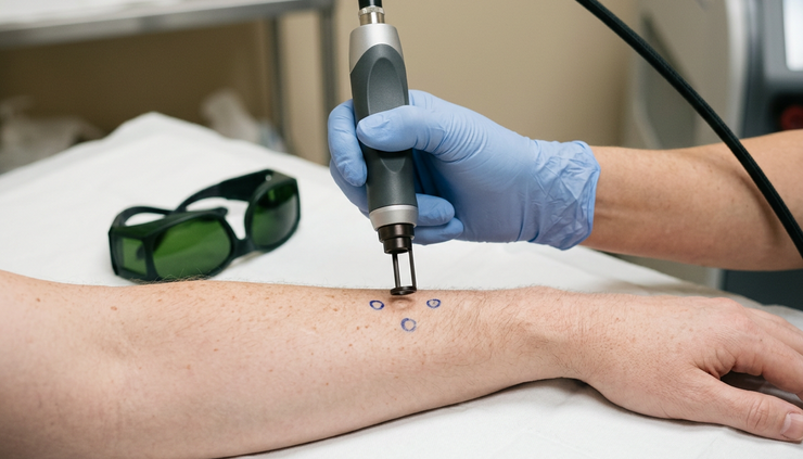Close-up view of a clinician gloved hand holding a laser handpiece near a marked skin treatment area