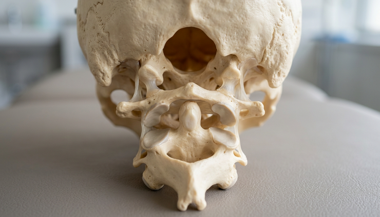 Close-up view of a medical anatomical model showing the upper cervical spine and base of the skull