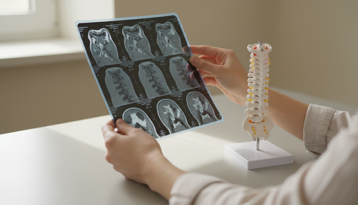 Close-up view of hands reviewing a cervical spine scan beside an anatomical model