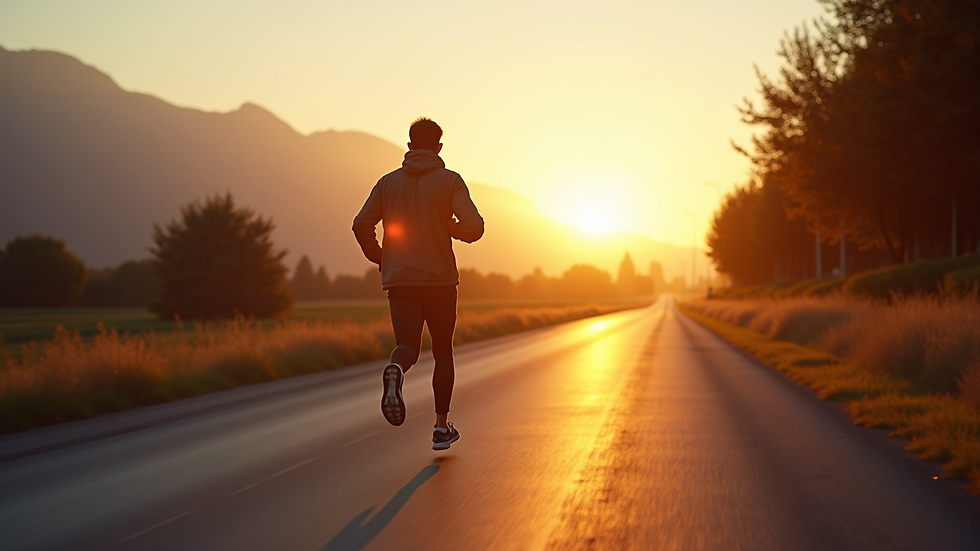 Runner che si allena al tramonto su strada sterrata