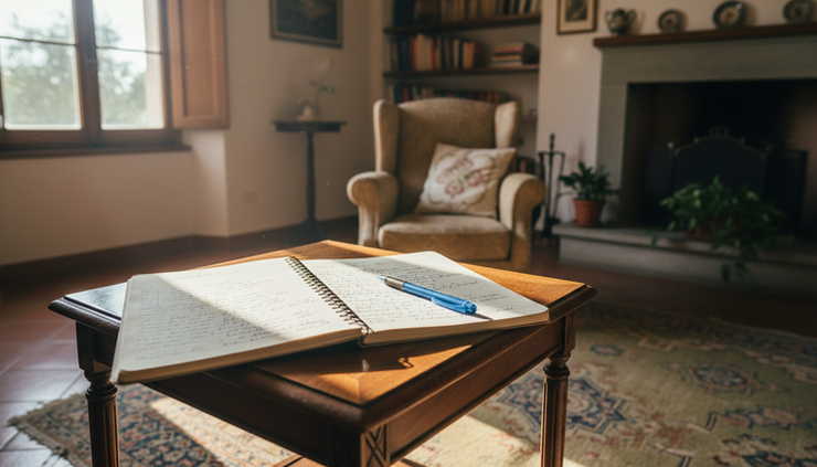 Over-the-shoulder view of an open notebook with handwritten daily notes