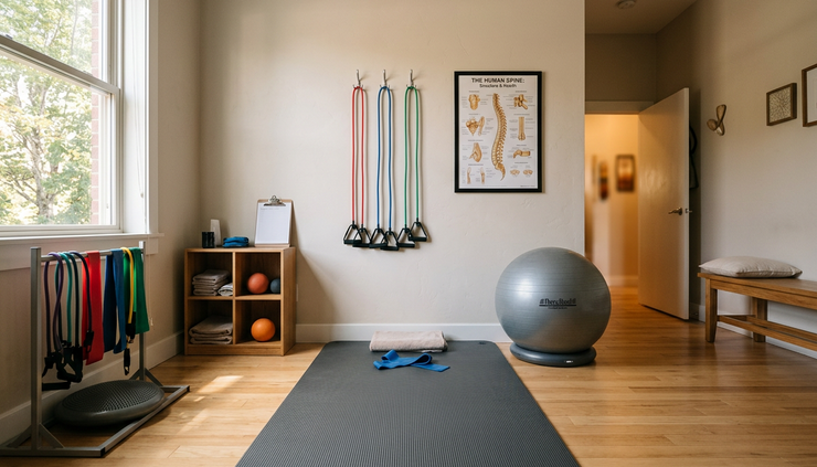 Wide-angle view of a quiet physiotherapy room with a therapy mat and spine exercise tools