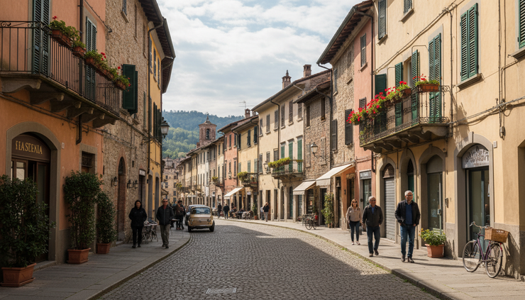 Vista ampia di una strada tranquilla a Rivoli con edifici bassi e luce naturale