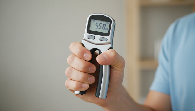 Close-up view of a hand holding a handgrip dynamometer