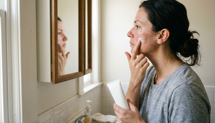 Side view of an adult applying sunscreen gently on the cheek