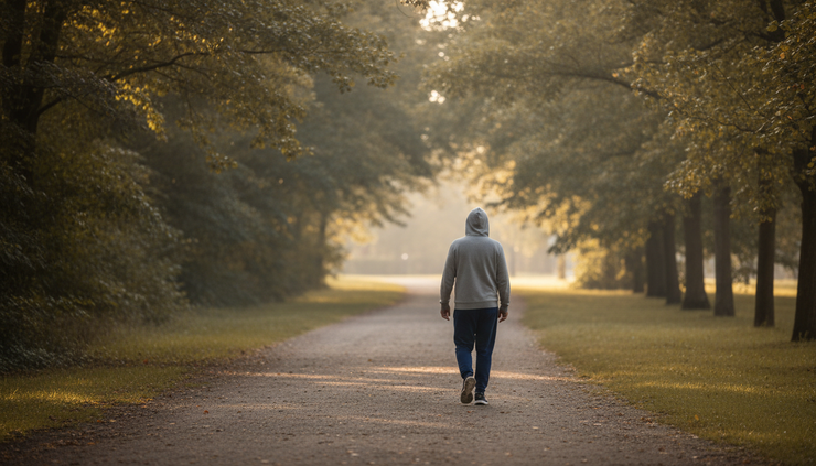 Vista ampia di una persona che cammina in un parco al mattino senza portare una bilancia.