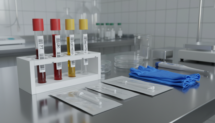 Primo piano di provette e campioni preparati per esami clinici su una superficie sterile