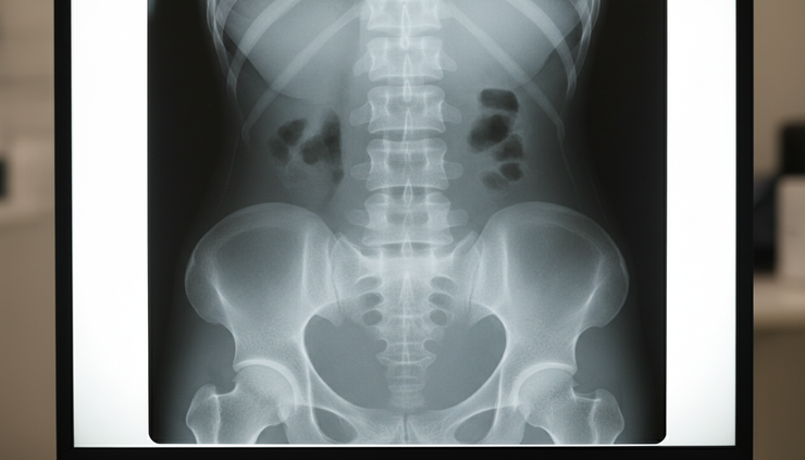 Vista ravvicinata di una radiografia lombare osservata su un piano luminoso.