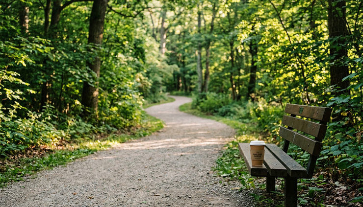 Wide-angle view of a quiet walking path in a green park with sunlight through trees
