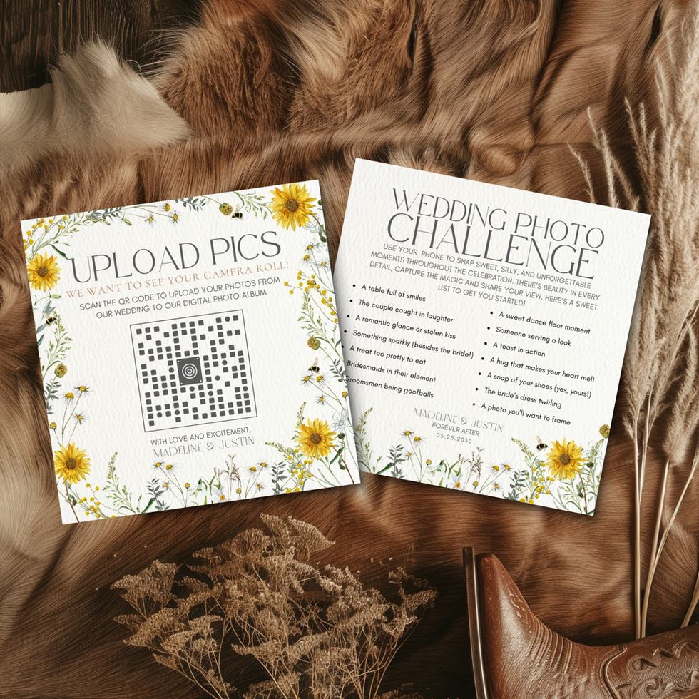 Wedding insert cards with sunflower design: one detailing event info, and one for photo uploads via QR code, styled on rustic textures.