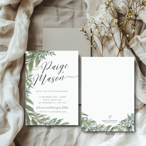 Front and back of The Paige Collection wedding invitation styled on linen with dried florals.