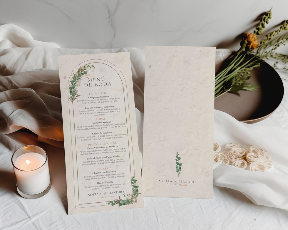 Spanish Menu cards from The Sophia Collection styled with linen and florals