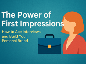 Professional businesswoman greeting a colleague with confidence — banner for article ‘The Power of First Impressions: How to Ace Interviews and Build Your Personal Brand’ featuring vibrant turquoise and gold tones symbolizing success, communication, and career growth.