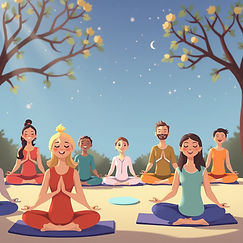happy people meditating in animated form
