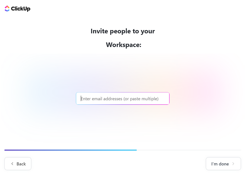 ClickUp screen for inviting people to a workspace. Includes a text box for entering email addresses. Background is white with pastel hues.